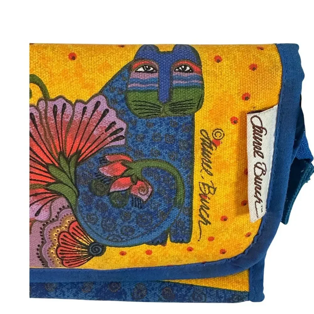 Laurel Burch Cat blue yellow zippered mirror cat pouch